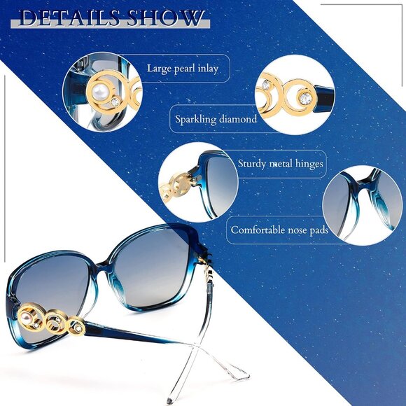 Women's Fashion Square Sunglasses Blue Frame Pearl Sparkling Eyes Protection - Picture 5 of 14